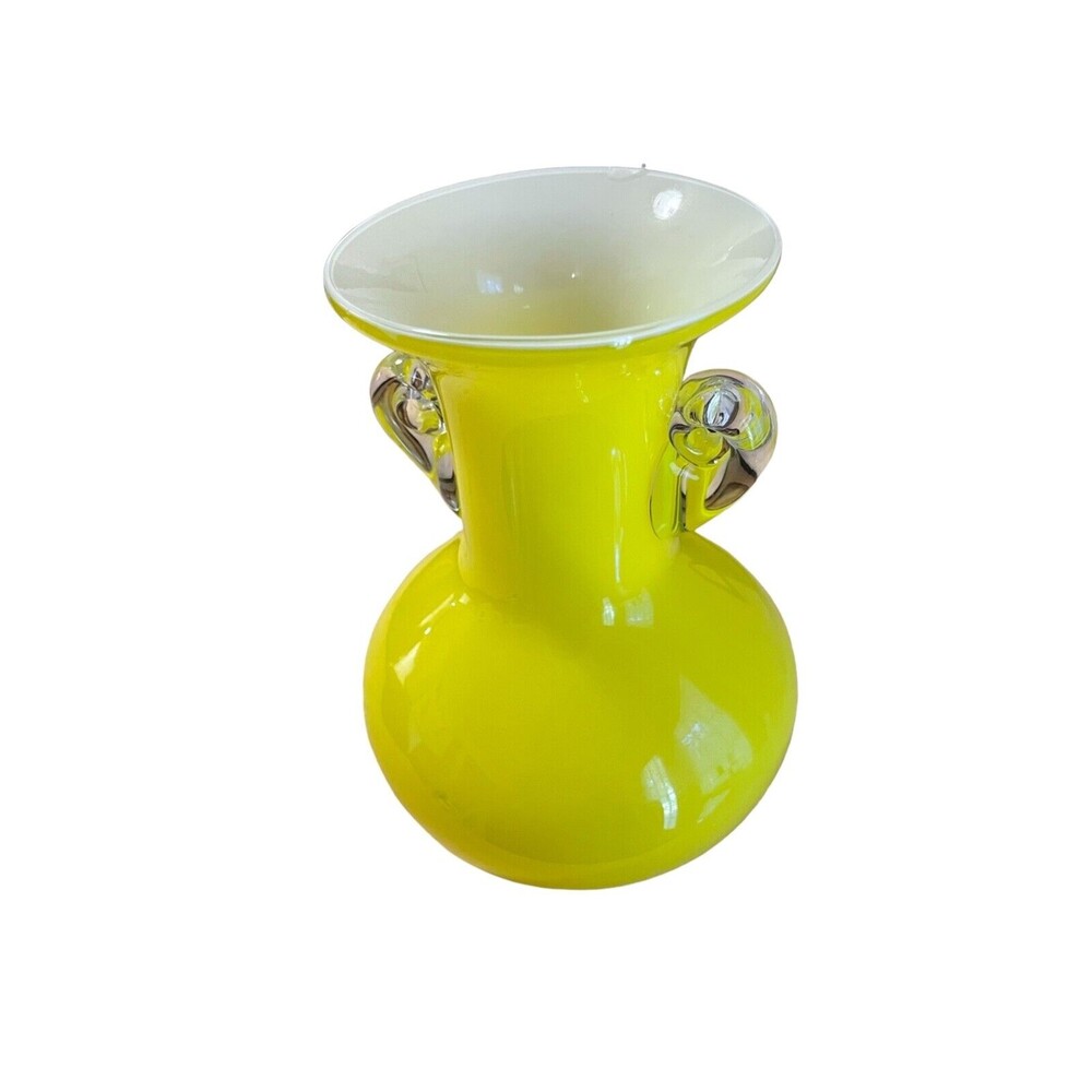 Yellow Glass Vase -Classical Form -Clear Arms on Opposing Sides of Long Neck